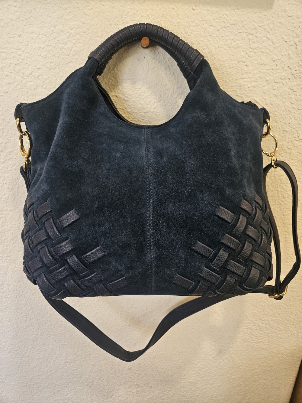 Nico Louise Genuine Suede Woven Detail Top-Handle Bag – Navy Blue